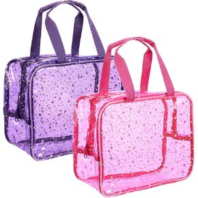 قطعتان من حقائب مكياج كبيرة شفافة، حقيبة مستحضرات تجميل مقاومة للماء بنمط نجمة مع مقبض مقاس 30.48 × 12.7 × 20.32 سم قابلة لإعادة الاستخدام من البولي فينيل كلوريد لأدوات الزينة للسفر للمكياج وصالة الألعاب الرياضية والسباحة (وردي، أرجواني) in Kuwait