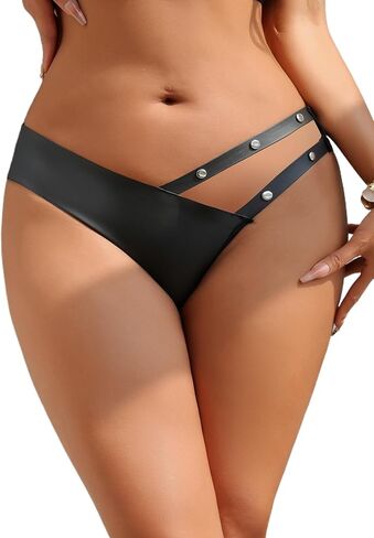 ohmydear Womens Sexy Punk Underwear Studded Waistband Sheer Mesh Panties Comfort PU Leather Underwear Hipster Briefs in Saudi Arabia