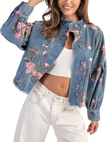 loveimgs Women Floral Jean Jacket Button Up Denim Jacket y2k Baggy Jean Trucker Pilot Coat Crop Spring Fall Outwear Pockets in Saudi Arabia
