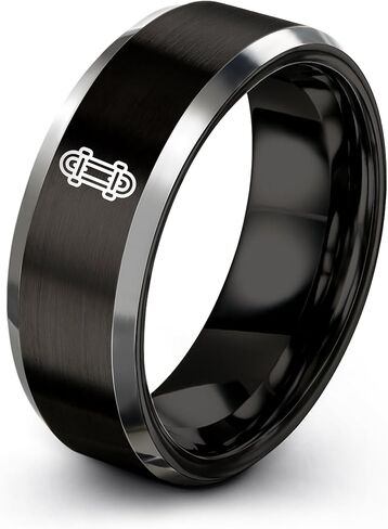 Gift for Skateboarder - Skateboard Ring - Black Yellow Gold Silver - Men Women - Flat Dome Bevel - Band - Tungsten - 8mm - Anniversary Wedding - Brushed Polished - Personalized Custom Engraving in Kuwait