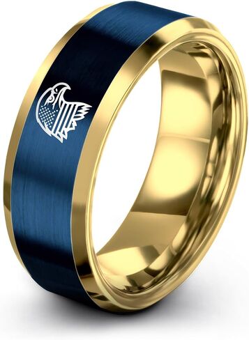 Gift for Patriotic American - American Flag Eagle Ring - Tungsten - 8mm - Personalized Custom Engraving - Brushed Polished - Men Women - Band - Anniversary Wedding - Flat Dome Bevel - Blue Yellow Rose in Kuwait