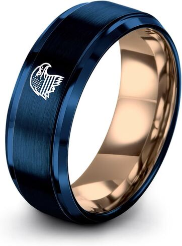 Gift for Patriotic American - American Flag Eagle Ring - Tungsten - 8mm - Personalized Custom Engraving - Brushed Polished - Men Women - Band - Anniversary Wedding - Flat Dome Bevel - Blue Yellow Rose in Saudi Arabia