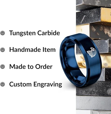 Gift for Patriotic American - American Flag Eagle Ring - Tungsten - 8mm - Personalized Custom Engraving - Brushed Polished - Men Women - Band - Anniversary Wedding - Flat Dome Bevel - Blue Yellow Rose in Saudi Arabia