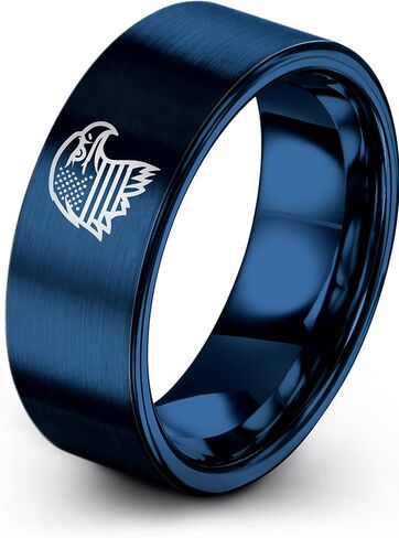 Gift for Patriotic American - American Flag Eagle Ring - Tungsten - 8mm - Personalized Custom Engraving - Brushed Polished - Men Women - Band - Anniversary Wedding - Flat Dome Bevel - Blue Yellow Rose in Saudi Arabia