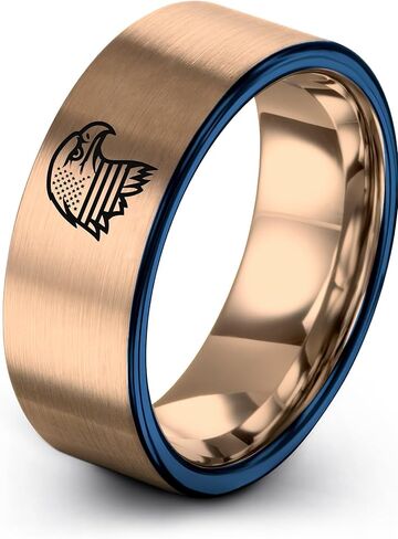 Gift for Patriotic American - American Flag Eagle Ring - Tungsten - 8mm - Personalized Custom Engraving - Brushed Polished - Men Women - Band - Anniversary Wedding - Flat Dome Bevel - Blue Yellow Rose in Saudi Arabia