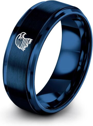 Gift for Patriotic American - American Flag Eagle Ring - Tungsten - 8mm - Personalized Custom Engraving - Brushed Polished - Men Women - Band - Anniversary Wedding - Flat Dome Bevel - Blue Yellow Rose in Saudi Arabia