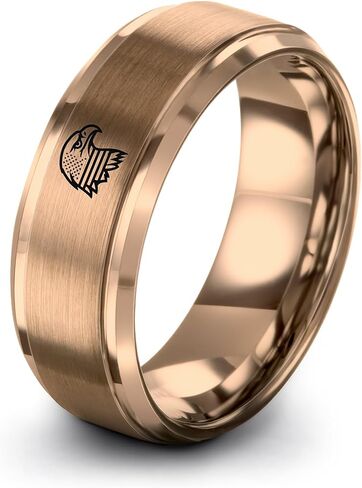 Gift for Patriotic American - American Flag Eagle Ring - Tungsten - 8mm - Personalized Custom Engraving - Brushed Polished - Men Women - Band - Anniversary Wedding - Flat Dome Bevel - Blue Yellow Rose in Saudi Arabia