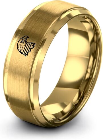 Gift for Patriotic American - American Flag Eagle Ring - Tungsten - 8mm - Personalized Custom Engraving - Brushed Polished - Men Women - Band - Anniversary Wedding - Flat Dome Bevel - Blue Yellow Rose in Saudi Arabia