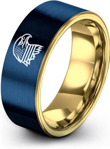Gift for Patriotic American - American Flag Eagle Ring - Tungsten - 8mm - Personalized Custom Engraving - Brushed Polished - Men Women - Band - Anniversary Wedding - Flat Dome Bevel - Blue Yellow Rose in Saudi Arabia