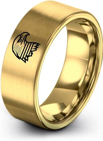 Gift for Patriotic American - American Flag Eagle Ring - Tungsten - 8mm - Personalized Custom Engraving - Brushed Polished - Men Women - Band - Anniversary Wedding - Flat Dome Bevel - Blue Yellow Rose in Saudi Arabia