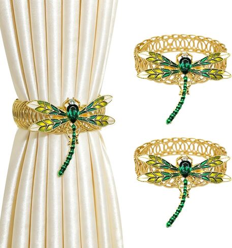Dragonfly Curtain Tiebacks, 2 Pack Gold Metal Green Enamel & Rhinestone Curtain Ties,Elastic No Drill Curtain Holdbacks for Drapes, Curtain Holders for Living Room Bedroom Home Decor in Saudi Arabia
