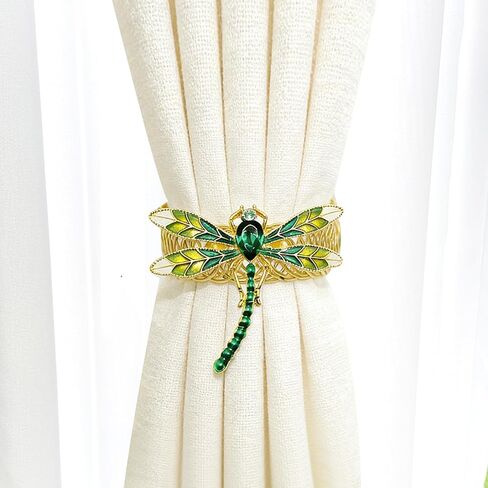 Dragonfly Curtain Tiebacks, 2 Pack Gold Metal Green Enamel & Rhinestone Curtain Ties,Elastic No Drill Curtain Holdbacks for Drapes, Curtain Holders for Living Room Bedroom Home Decor in Saudi Arabia