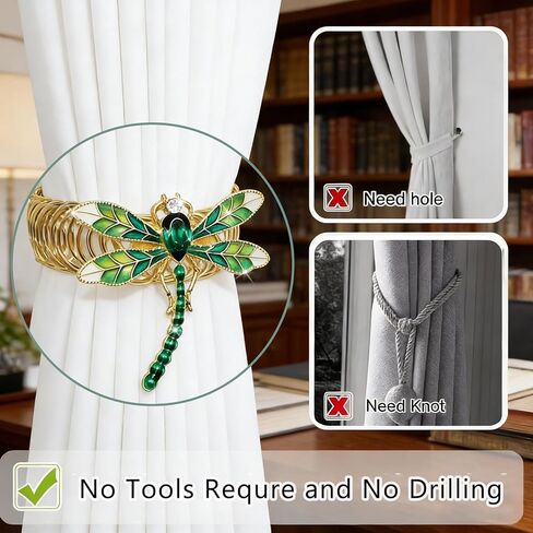 Dragonfly Curtain Tiebacks, 2 Pack Gold Metal Green Enamel & Rhinestone Curtain Ties,Elastic No Drill Curtain Holdbacks for Drapes, Curtain Holders for Living Room Bedroom Home Decor in Saudi Arabia
