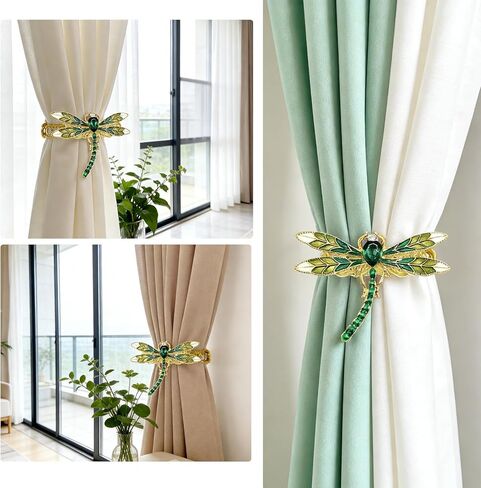 Dragonfly Curtain Tiebacks, 2 Pack Gold Metal Green Enamel & Rhinestone Curtain Ties,Elastic No Drill Curtain Holdbacks for Drapes, Curtain Holders for Living Room Bedroom Home Decor in Saudi Arabia