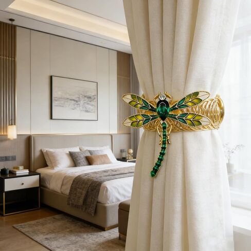Dragonfly Curtain Tiebacks, 2 Pack Gold Metal Green Enamel & Rhinestone Curtain Ties,Elastic No Drill Curtain Holdbacks for Drapes, Curtain Holders for Living Room Bedroom Home Decor in Saudi Arabia