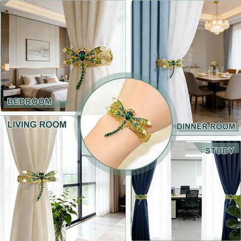 Dragonfly Curtain Tiebacks, 2 Pack Gold Metal Green Enamel & Rhinestone Curtain Ties,Elastic No Drill Curtain Holdbacks for Drapes, Curtain Holders for Living Room Bedroom Home Decor in Saudi Arabia