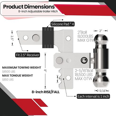 Adjustable Trailer Hitch,2.5'' Receiver, 8 inch Drop/Rise,Heavy Duty Aluminum Tow Hitches(2"&2-5/16"Ball),Trailer Max 12500LBS(US patents,No.US012304258B1) in Kuwait