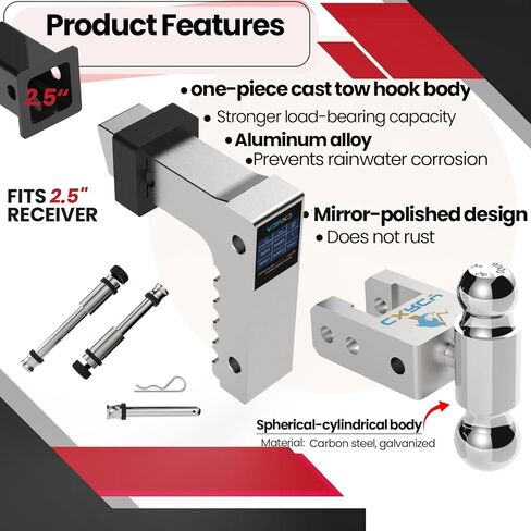 Adjustable Trailer Hitch,2.5'' Receiver, 8 inch Drop/Rise,Heavy Duty Aluminum Tow Hitches(2"&2-5/16"Ball),Trailer Max 12500LBS(US patents,No.US012304258B1) in Kuwait