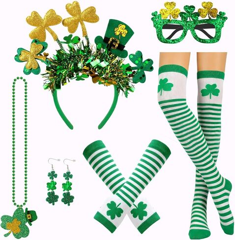 Konsait 6 Pieces St. Patrick's Day Costume Accessories, St Patrick’s Day Glasses Headband Necklaces Socks Gloves Earrings Irish Shamrock Party Accessories for Women Girls in Saudi Arabia