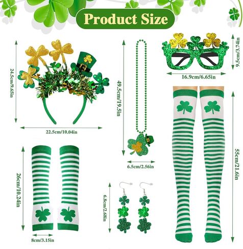 Konsait 6 Pieces St. Patrick's Day Costume Accessories, St Patrick’s Day Glasses Headband Necklaces Socks Gloves Earrings Irish Shamrock Party Accessories for Women Girls in Saudi Arabia