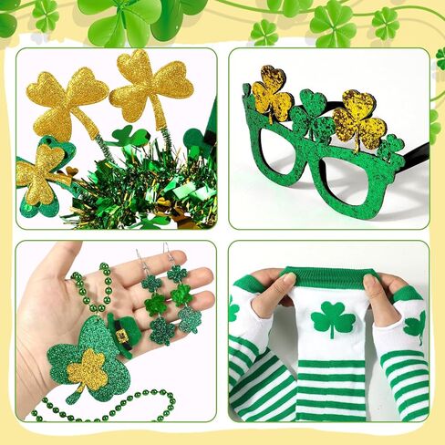 Konsait 6 Pieces St. Patrick's Day Costume Accessories, St Patrick’s Day Glasses Headband Necklaces Socks Gloves Earrings Irish Shamrock Party Accessories for Women Girls in Saudi Arabia