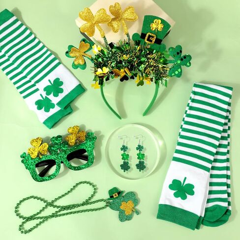 Konsait 6 Pieces St. Patrick's Day Costume Accessories, St Patrick’s Day Glasses Headband Necklaces Socks Gloves Earrings Irish Shamrock Party Accessories for Women Girls in Saudi Arabia