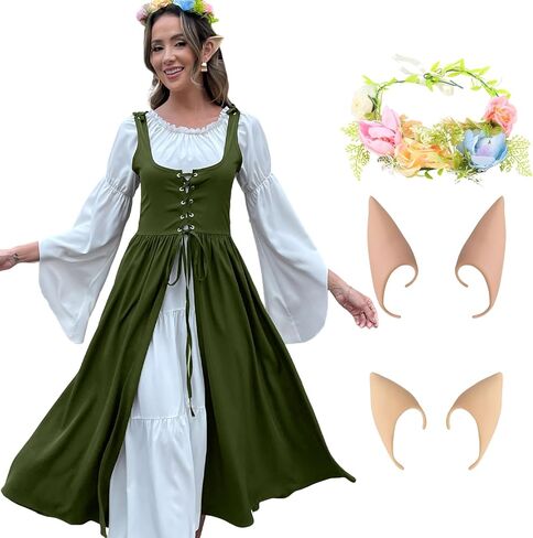 Renaissance Dresses Medieval Costume for Women with Elf Ears and Flower Crown in Saudi Arabia
