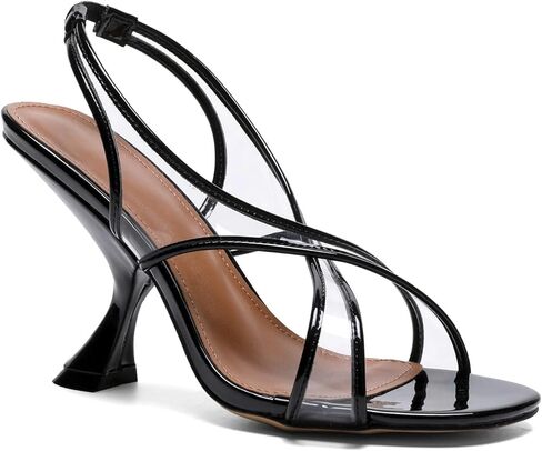 Women's Strappy Evening Sandals, Black Patent, 3.5" Sculptural Heel, Crystal Embellishments in Saudi Arabia