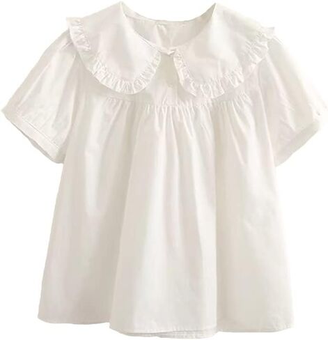 BAIMORE Women's Summer Doll Collar Blouse Solid Color Plaid Short Sleeve Casual Ruffle Shirt in Kuwait
