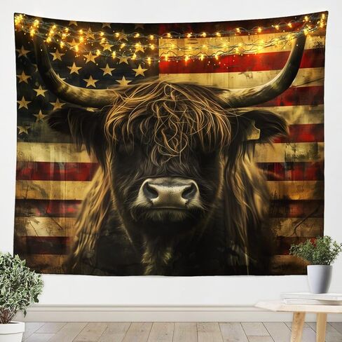 3D Bull Tapestry 59x82 Highland Cow Printed Tapestry for Bedroom,Rustic American Flag Wall Tapestry Western Animal Wildlife Tapestries Geometric Stripe Wall Hanging Kids Boys Teens Room Decor in Saudi Arabia