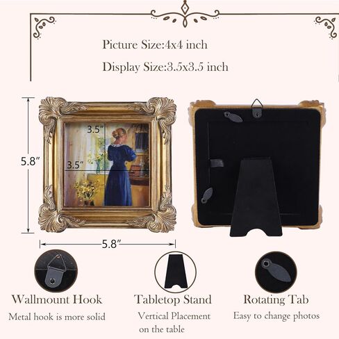 SIKOO 4x4 Vintage Picture Frames Small 4x4 Antique Ornate Picture Frame Square with Glass Front for Tabletop and Wall Hanging Vintage Wall Decor Gallery Wall Bronze Gold in Saudi Arabia