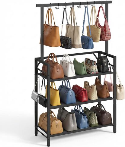 Large Purse Organizer for Women with 8 Purse Hanger, 3-Tier Tall Floor Standing Purse Rack with 6 Side Hooks for Storage, Space Saving Handbag Organizer, Bedroom, Entryway, Black HSBK8301 in Kuwait