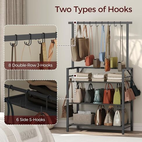 Large Purse Organizer for Women with 8 Purse Hanger, 3-Tier Tall Floor Standing Purse Rack with 6 Side Hooks for Storage, Space Saving Handbag Organizer, Bedroom, Entryway, Black HSBK8301 in Kuwait