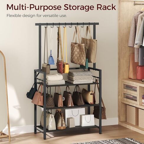 Large Purse Organizer for Women with 8 Purse Hanger, 3-Tier Tall Floor Standing Purse Rack with 6 Side Hooks for Storage, Space Saving Handbag Organizer, Bedroom, Entryway, Black HSBK8301 in Kuwait
