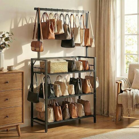 Large Purse Organizer for Women with 8 Purse Hanger, 3-Tier Tall Floor Standing Purse Rack with 6 Side Hooks for Storage, Space Saving Handbag Organizer, Bedroom, Entryway, Black HSBK8301 in Kuwait