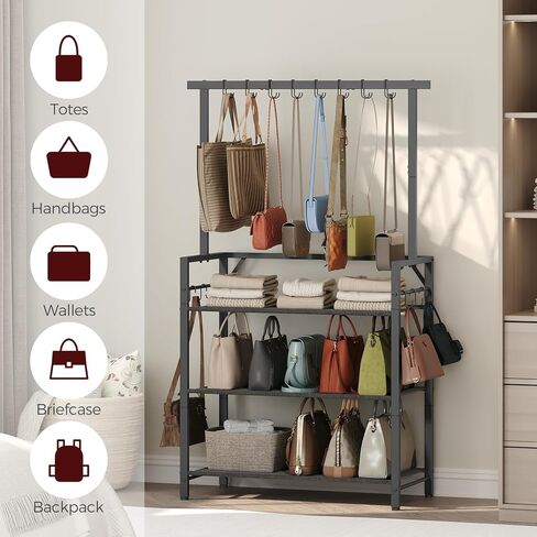 Large Purse Organizer for Women with 8 Purse Hanger, 3-Tier Tall Floor Standing Purse Rack with 6 Side Hooks for Storage, Space Saving Handbag Organizer, Bedroom, Entryway, Black HSBK8301 in Kuwait