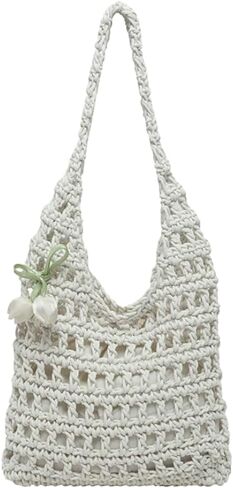 Women’s Knitted Satchel Purse Versatile Solid Color Drawstring Tote Handbag Hollow Out Beach Bag with Flowers Accessories in Kuwait