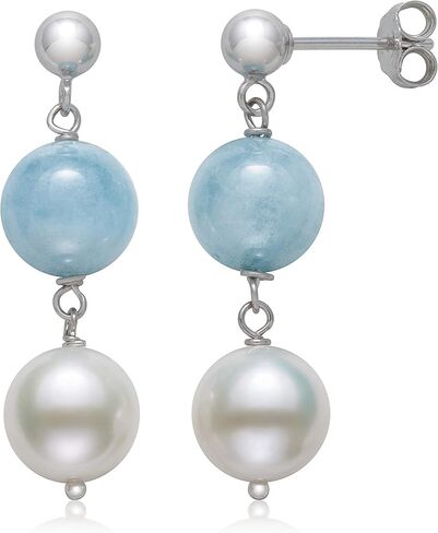 Belacqua Round Natural Blue Milky Aquamarine and White White Cultured Freshwater Pearl Drop Dangle Earrings in Sterling Silver, Real Pearl Jewelry for Women, Gift Box Included in Saudi Arabia