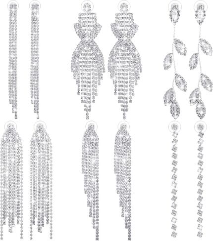 Sureio 6 Pairs Long Rhinestone Earrings for Women Silver Chandelier Dangle Tassels Drop Earring for Brides Bridesmaids Wedding Bridal Prom Jewelry Gift in Saudi Arabia