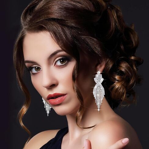 Sureio 6 Pairs Long Rhinestone Earrings for Women Silver Chandelier Dangle Tassels Drop Earring for Brides Bridesmaids Wedding Bridal Prom Jewelry Gift in Saudi Arabia