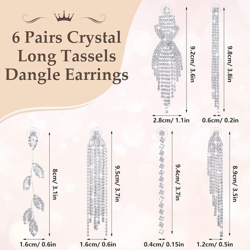 Sureio 6 Pairs Long Rhinestone Earrings for Women Silver Chandelier Dangle Tassels Drop Earring for Brides Bridesmaids Wedding Bridal Prom Jewelry Gift in Saudi Arabia