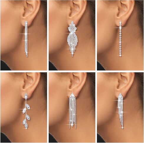 Sureio 6 Pairs Long Rhinestone Earrings for Women Silver Chandelier Dangle Tassels Drop Earring for Brides Bridesmaids Wedding Bridal Prom Jewelry Gift in Saudi Arabia
