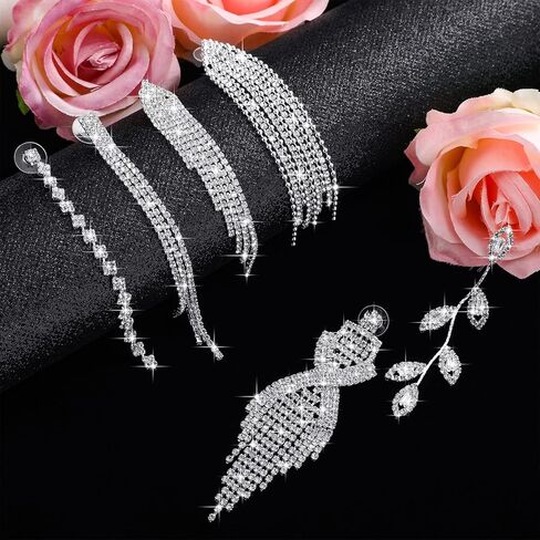 Sureio 6 Pairs Long Rhinestone Earrings for Women Silver Chandelier Dangle Tassels Drop Earring for Brides Bridesmaids Wedding Bridal Prom Jewelry Gift in Saudi Arabia