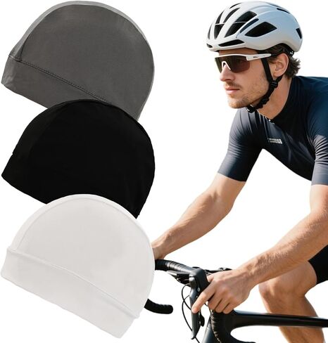 3pcs Football Skull Caps Silk Skull Cap for Locs Moisture Wicking Stretchy Breathable Cooling Helmet Liner Cycling Caps Sweat Running Beanie Hat for Men Women(Black/White/Gray) in Kuwait