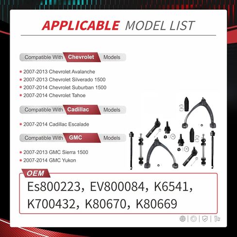 Front Upper Control Arm w/Ball Joint Suspension Kit Compatible with 2007-2014 Chevy Tahoe Silverado Suburban 1500, GMC Yukon Sierra, Cadillac Escalade, Replaces K80669, K80670 (12PCS) in Kuwait