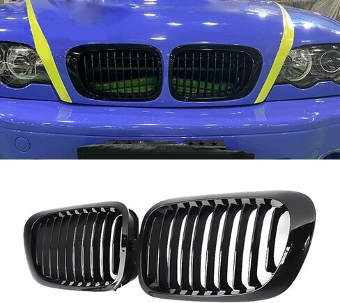MIC Front Kidney Grill Grilles Fit for 1998-2002 3-Series E46 2-Door Coupe Cabriolet Pre-Facelift & 2000-2007 E46 M3 Coupe Cabriolet, Gloss Black (Single Slat) in Saudi Arabia