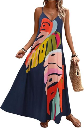فستان نسائي طويل من GORGLITTER بدون أكمام ورقبة على شكل V مقاس كبير فستان بوهو مناسب للصدمات كاجوال للشاطئ فستان شمسي متدفق in Kuwait