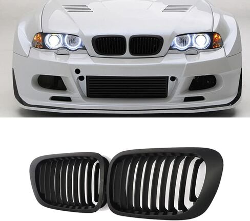 شبكات شواية الكلى الأمامية من MIC مناسبة لـ 1998-2002 3-Series E46 2-Door Coupe Cabriolet Pre-Facelift & 2000-2007 E46 M3 Coupe Cabriolet، أسود لامع (شريحة واحدة) in Kuwait