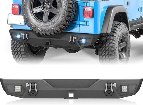 for Wrangler JK JKU Rear Bumper Compatible with 2007 2008 2009 2010 2011 2012 2013 2014 2015 2016 2017 2018 Jeep Wrangler JK JKU Unlimited 2/4 Doors with LED Lights, 2" Hitch Receiver & D-Rings in Kuwait
