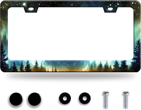 إضفاء الطابع الشخصي على إطار لوحة ترخيص أورورا الليلية، حامل لوحة ترخيص الغابات، ملحقات السيارة المضحكة المصنوعة من الفولاذ المقاوم للصدأ، ديكور السيارات مع فتحتين ومسامير تناسب المركبات الأمريكية القياسية مقاس 12.2 × 6 بوصة in Kuwait